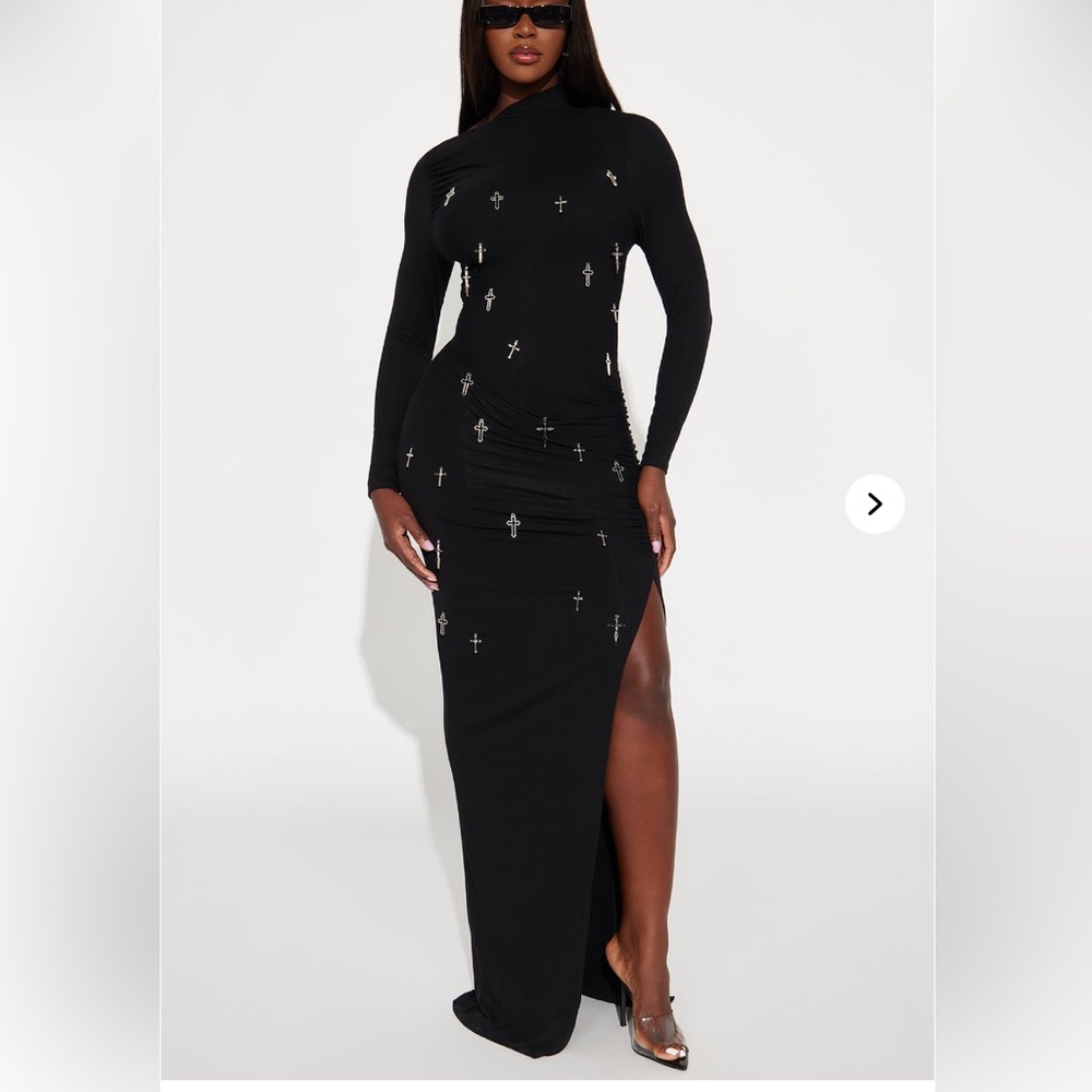 Fashion Nova Long Black Maxi Dress w/ Cross Charm Accents M